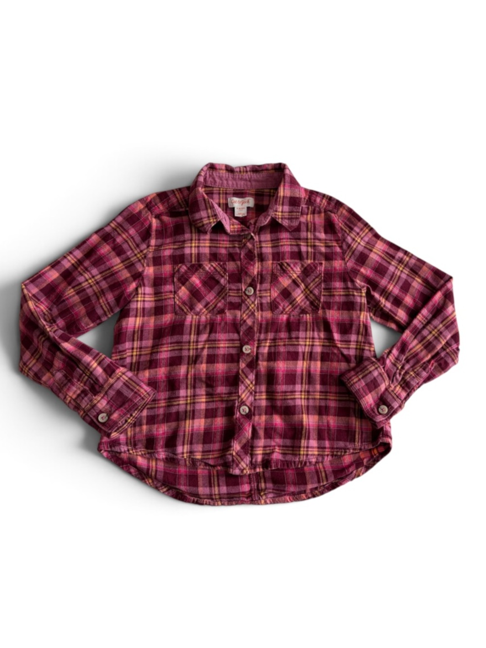 Cat & Jack Pink Purple Yellow Plaid Button-Up Flannel Top Girls Size 6 Shirt